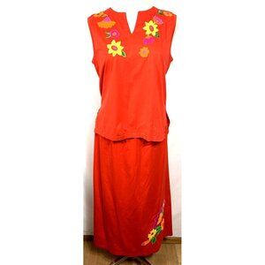 Michael Simon 2 Piece Skirt Set Sz L Red Tank Top Maxi Skirt Applique Flowers